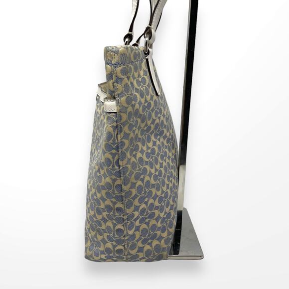 COACH Blue White Leather Monogram Signature Stripe Tote - Picture 4 of 10